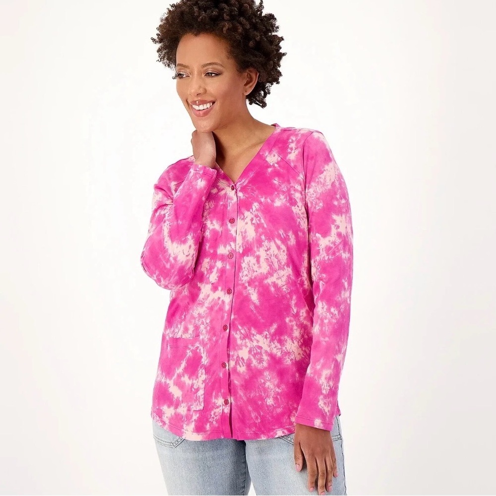 LOGO by Lori Goldstein Pink Tie-Dye Button Down Shirt Size L NWT